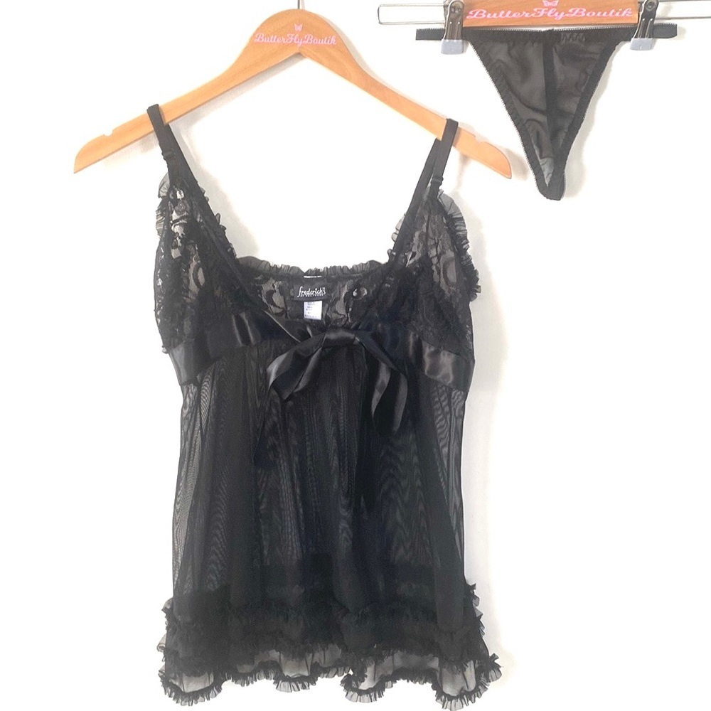 Fredericks of Hollywood black Lace‎ & Mesh Babydoll Teddy & G-String Set, Size S